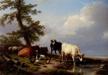 ユージン・ヨーゼフ・フェルベックホーフェン Painting - 海の近くで放牧される動物 オイゲン・フェルベックホーフェンの牛